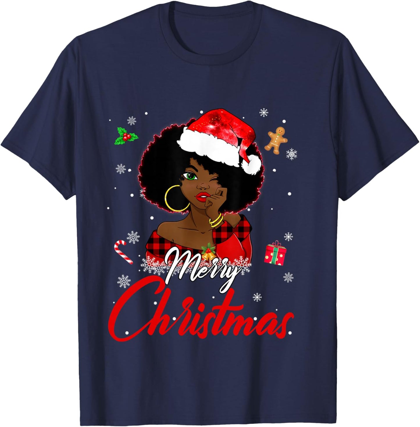 Black African Girl American Melanin Christmas Santa Hat Xmas T-Shirt - T-Shirt | Navy