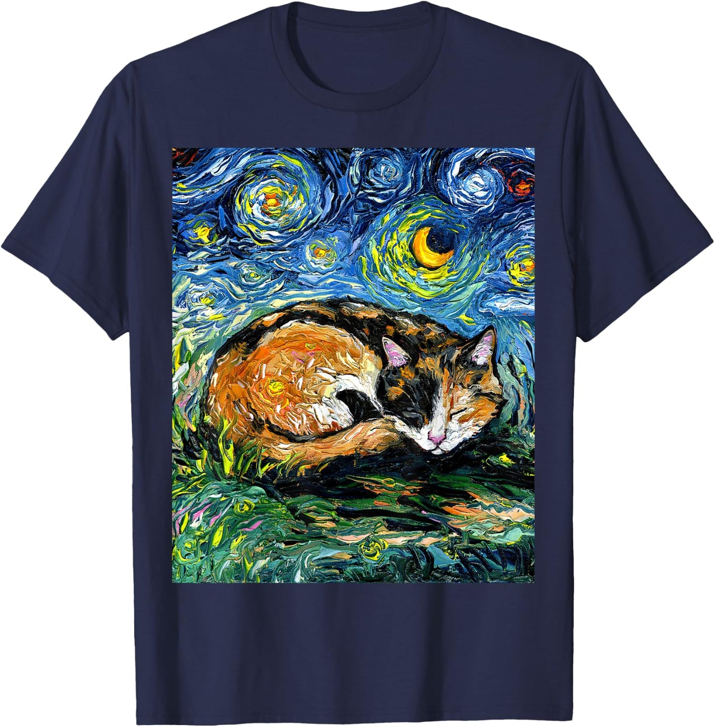 Sleeping Calico Cat Starry Night Animal Lover Pet Artwork T-Shirt - T-Shirt | Navy
