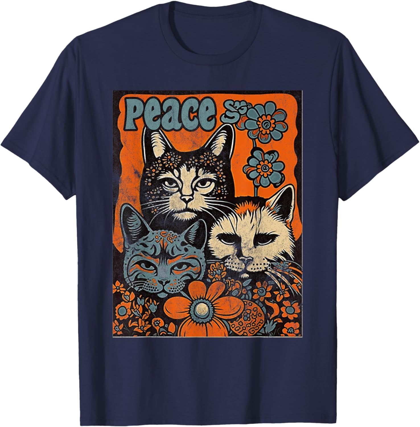 Cat Funny 60s 70s Hippie Vintage Flowers Groovy Psychedelic Men Women T-Shirt - T-Shirt | Navy