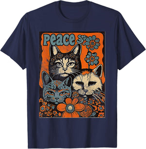 Cat Funny 60s 70s Hippie Vintage Flowers Groovy Psychedelic Men Women T-Shirt - T-Shirt | Navy