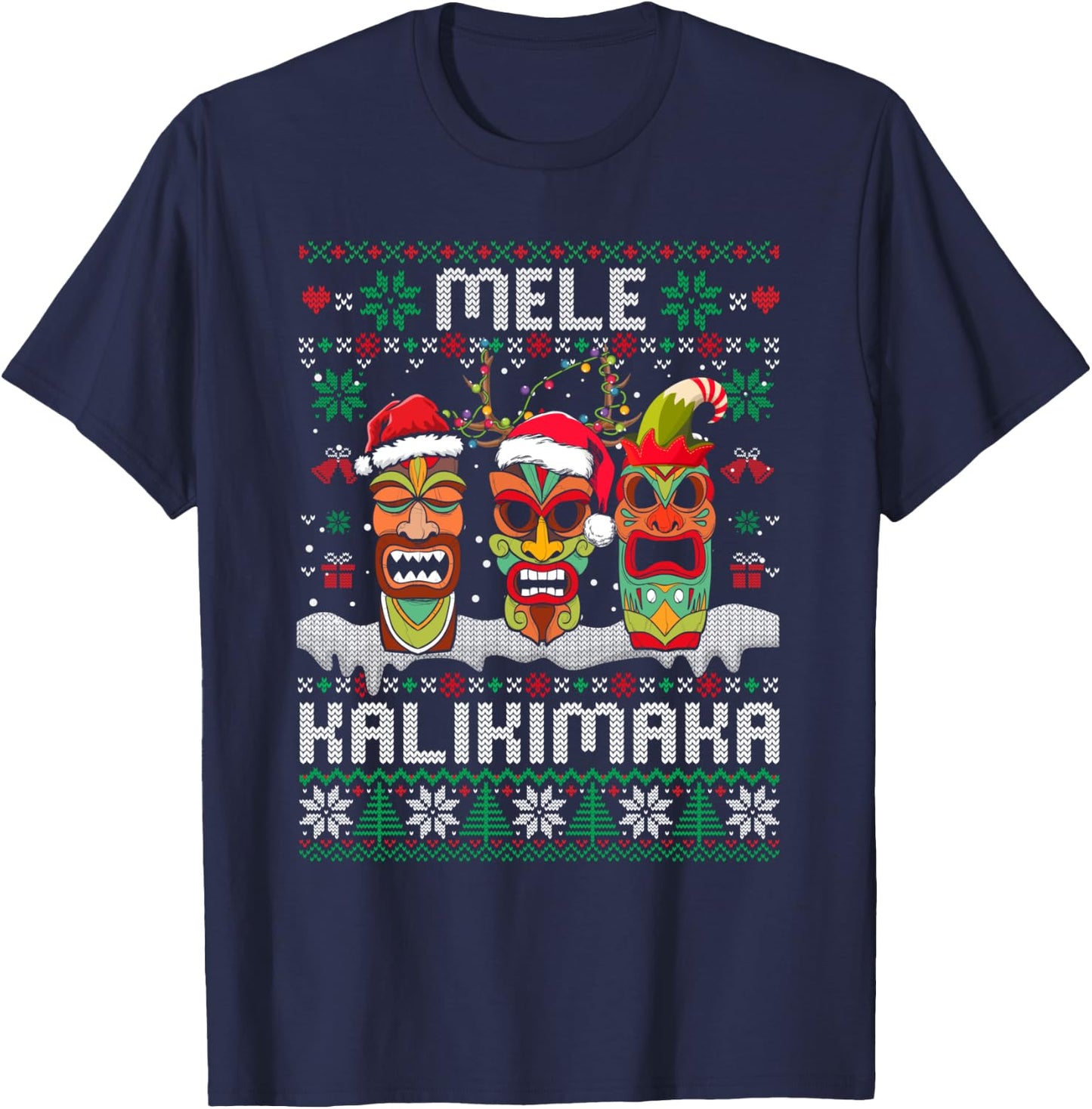 Ugly Christmas Sweater Mele Kalikimaka Hawaiian Xmas Pajamas T-Shirt - T-Shirt | Navy