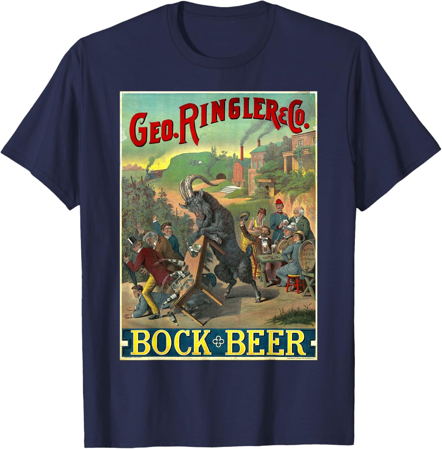 Black Goat Bock Beer Knocking Over Table of Wine T-Shirt - T-Shirt | Navy