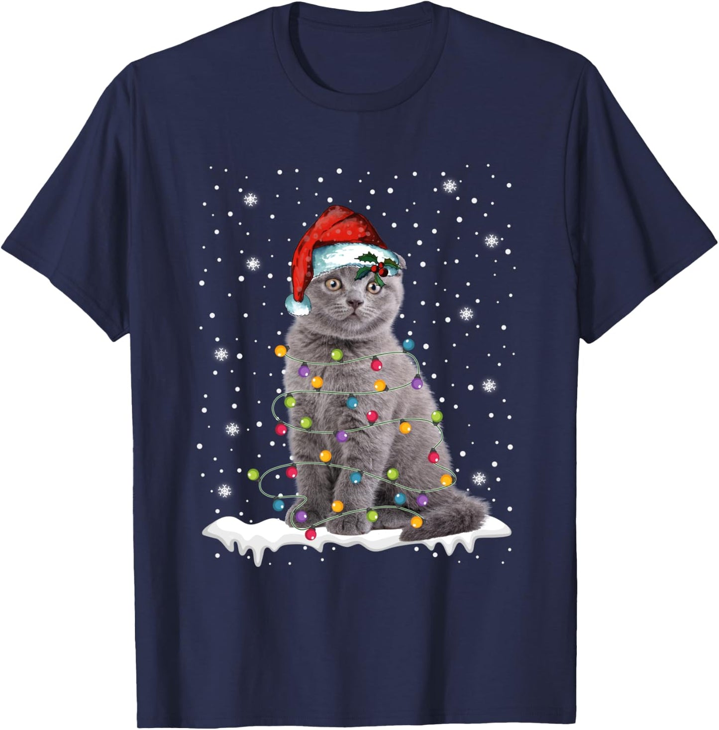 Scottish Fold Cat Funny Christmas Lights Sweater Xmas Kitten T-Shirt - T-Shirt | Navy