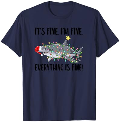 Santa Shark Christmas Lights I'm Fine Everything Is Fine T-Shirt - T-Shirt | Navy
