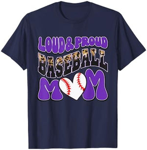 Loud Proud Baseball Mom Purple Team Leopard Baseball Mom T-Shirt - T-Shirt | Navy
