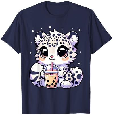 Kawaii Anime Snow Leopard Boba Bubble Tea Lover T-Shirt - T-Shirt | Navy