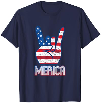 Merica Rock Sign 4th of July Vintage American Flag Retro USA Women Kids Men T-Shirt - T-Shirt | Navy