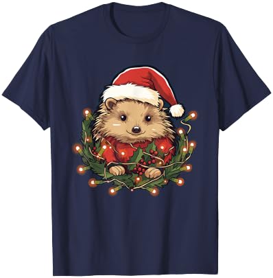 Cute Hedgehog Christmas Lights Santa Hat Xmas Pajama T-Shirt - T-Shirt | Navy