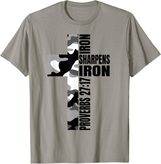 White Camo Iron Sharpens Iron Christian Verse Easter Family T-Shirt - T-Shirt | Sand