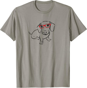 Funny Illustration Red Glasses Hipster Nerd Dachshund Lover T-Shirt - T-Shirt | Sand
