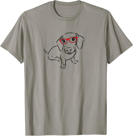 Funny Illustration Red Glasses Hipster Nerd Dachshund Lover T-Shirt - T-Shirt | Sand