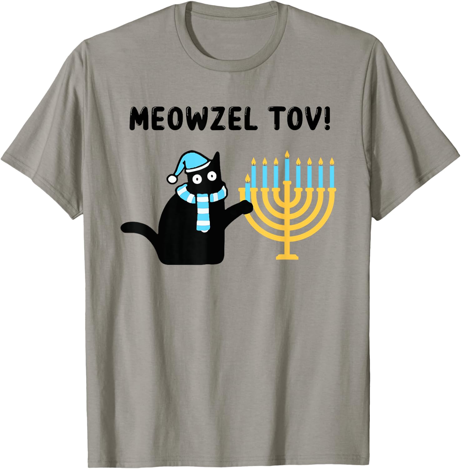 Meowzel Tov Gift Black Cat Mazel Tov Menorah Funny Hanukkah T-Shirt - T-Shirt | Sand