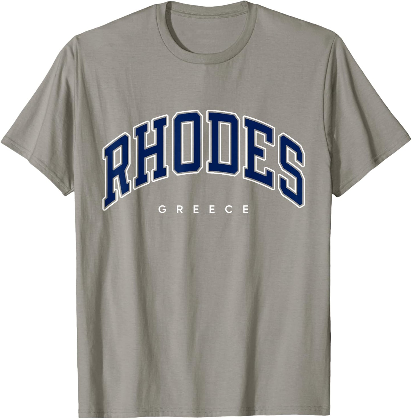 Rhodes Greece Varsity Style Navy Text T-Shirt - T-Shirt | Sand