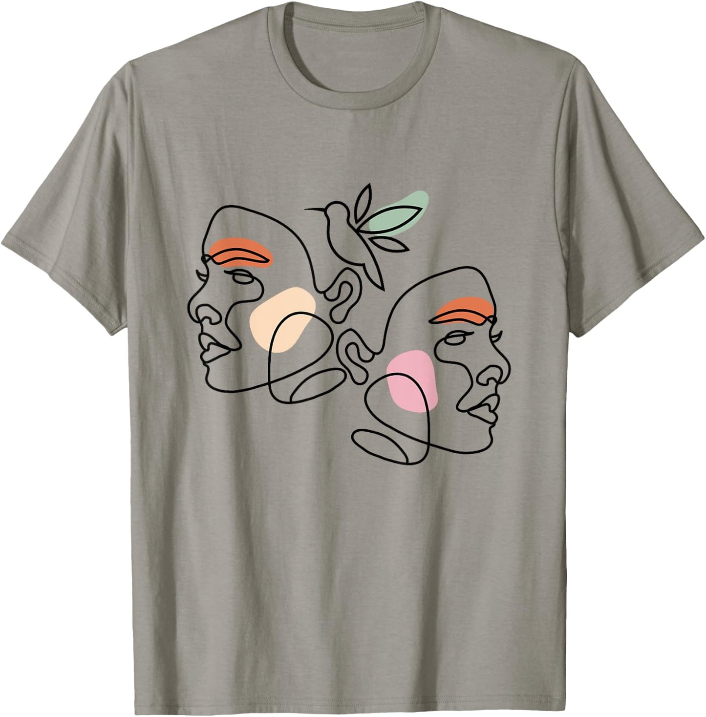 Minimalist Abstract: Women Faces and Bird Abstract Line Art T-Shirt - T-Shirt | Sand