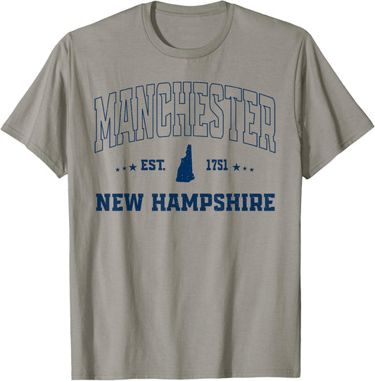Vintage Manchester New Hampshire NH Navy Sports Athletic T-Shirt - T-Shirt | Sand