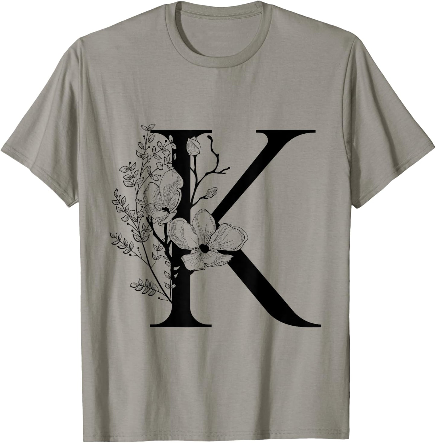 Beautiful Black Letter K Flowers Initial Floral Monogram T-Shirt - T-Shirt | Sand
