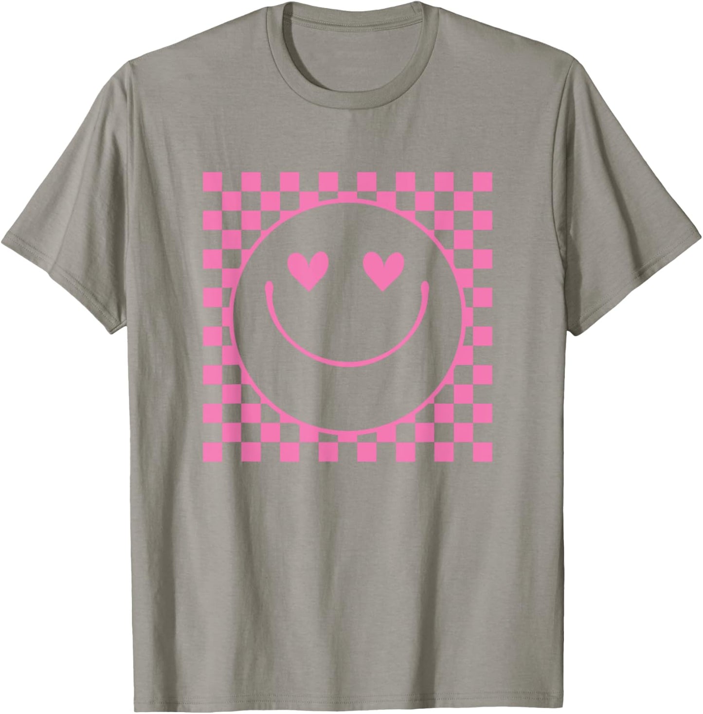 Pink Heart Eyes Smile Face Checkered Pattern Cute Happy Face T-Shirt - T-Shirt | Sand
