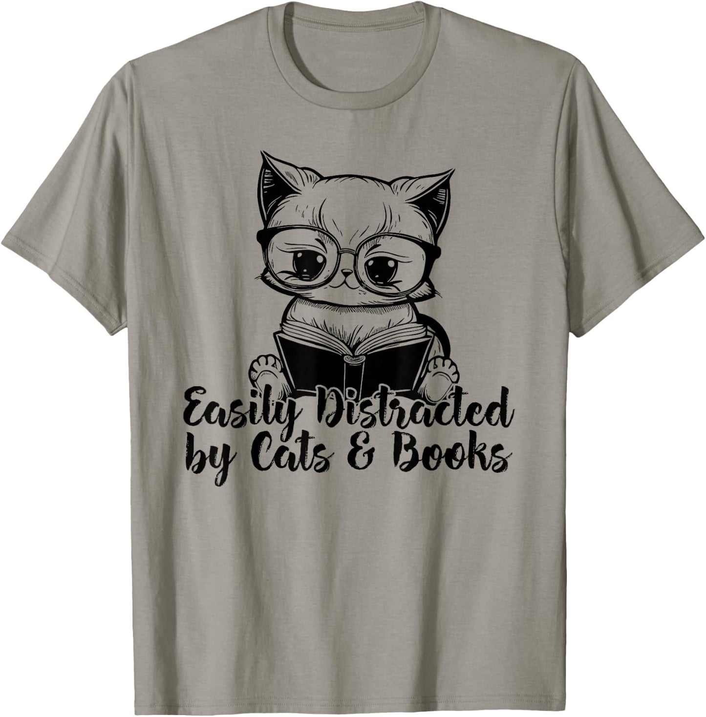Easily Distracted by Cats And Books for Cat Lovers T-Shirt - T-Shirt | Sand