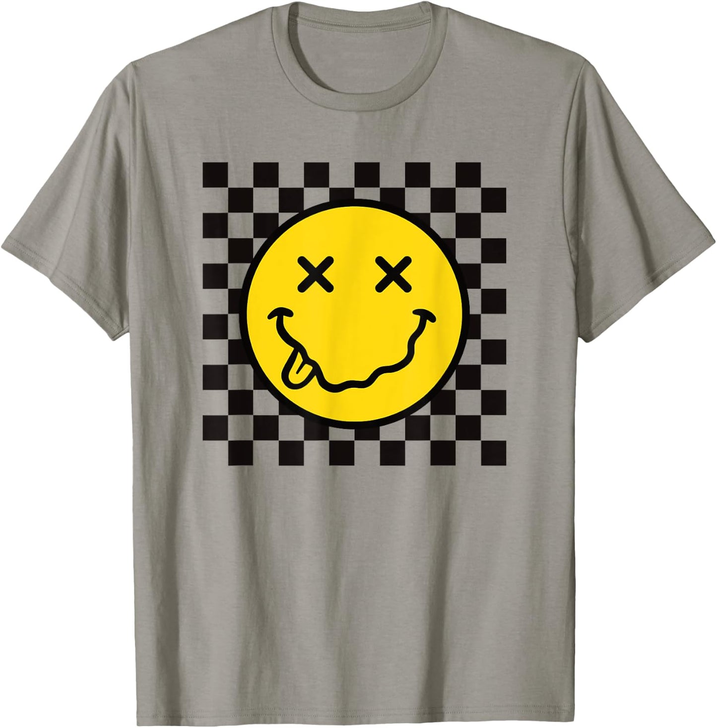 70s Yellow Smile Face Funny Tongue Out Checkered Happy Face T-Shirt - T-Shirt | Sand