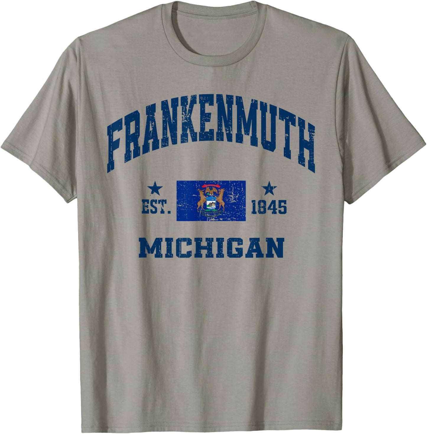 Frankenmuth Michigan MI Vintage State Athletic Navy T-Shirt - T-Shirt | Sand
