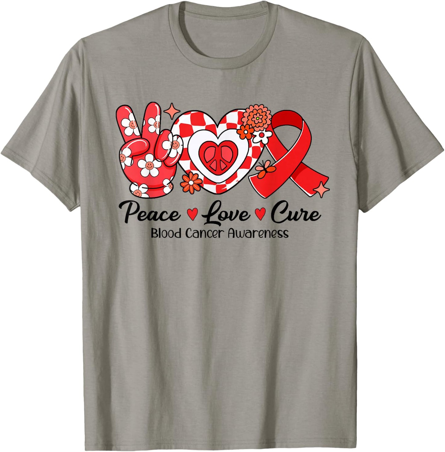 Retro Groovy Peace Love Cure Blood Cancer Awareness Gifts T-Shirt - T-Shirt | Sand