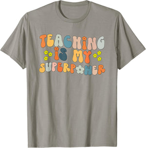 Teaching is My Superpower Vintage Groovy University Teacher T-Shirt - T-Shirt | Sand