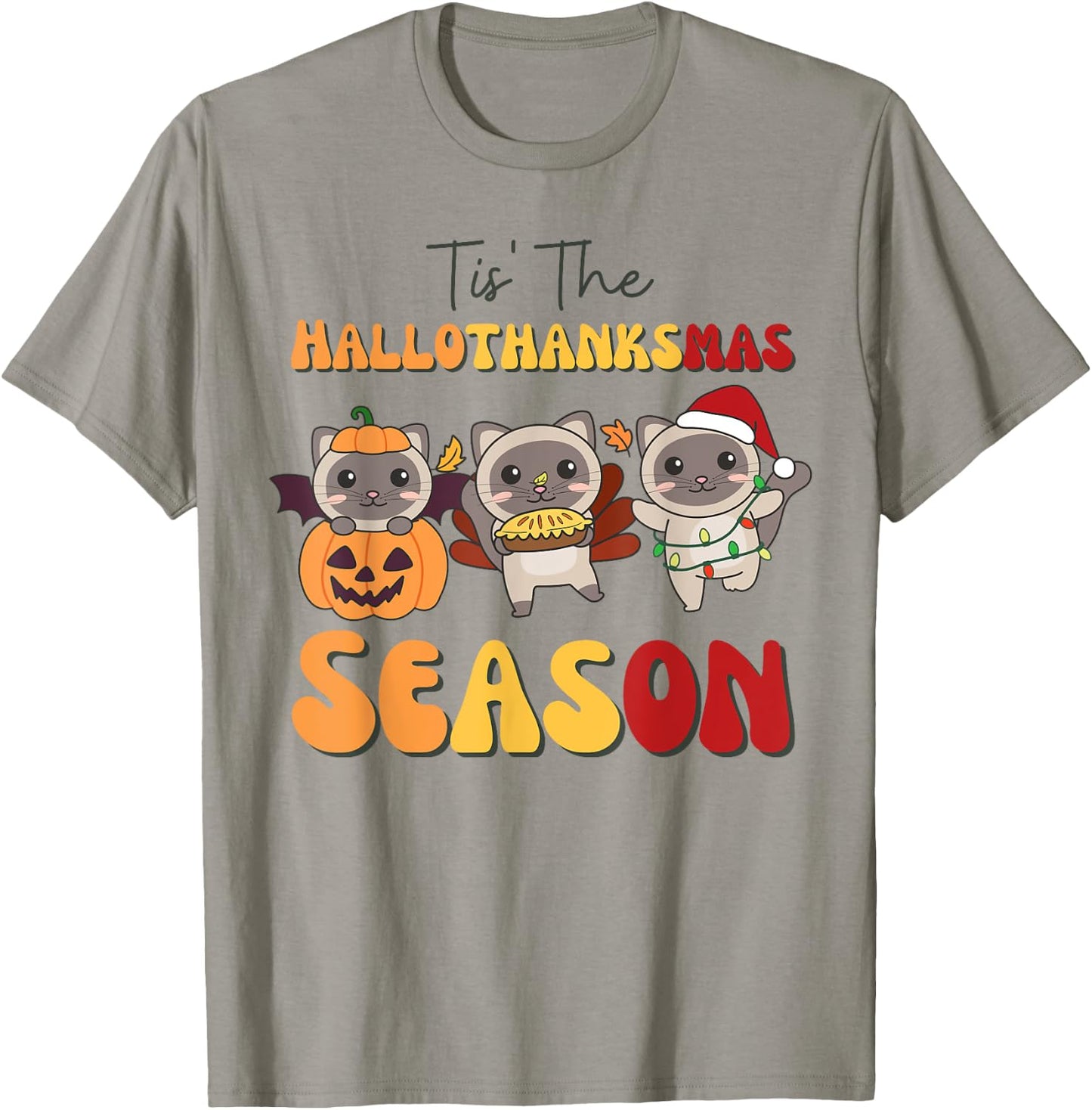 Siamese Cat Christmas Halloween Tis' The Hallothanksmas T-Shirt - T-Shirt | Sand