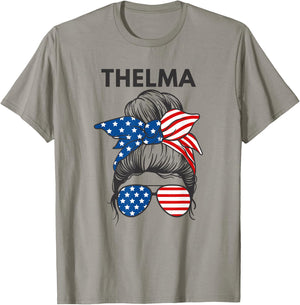 Thelma Shirt Patriotic Messy Hair Bun Flag Sunglasses T-Shirt - T-Shirt | Sand