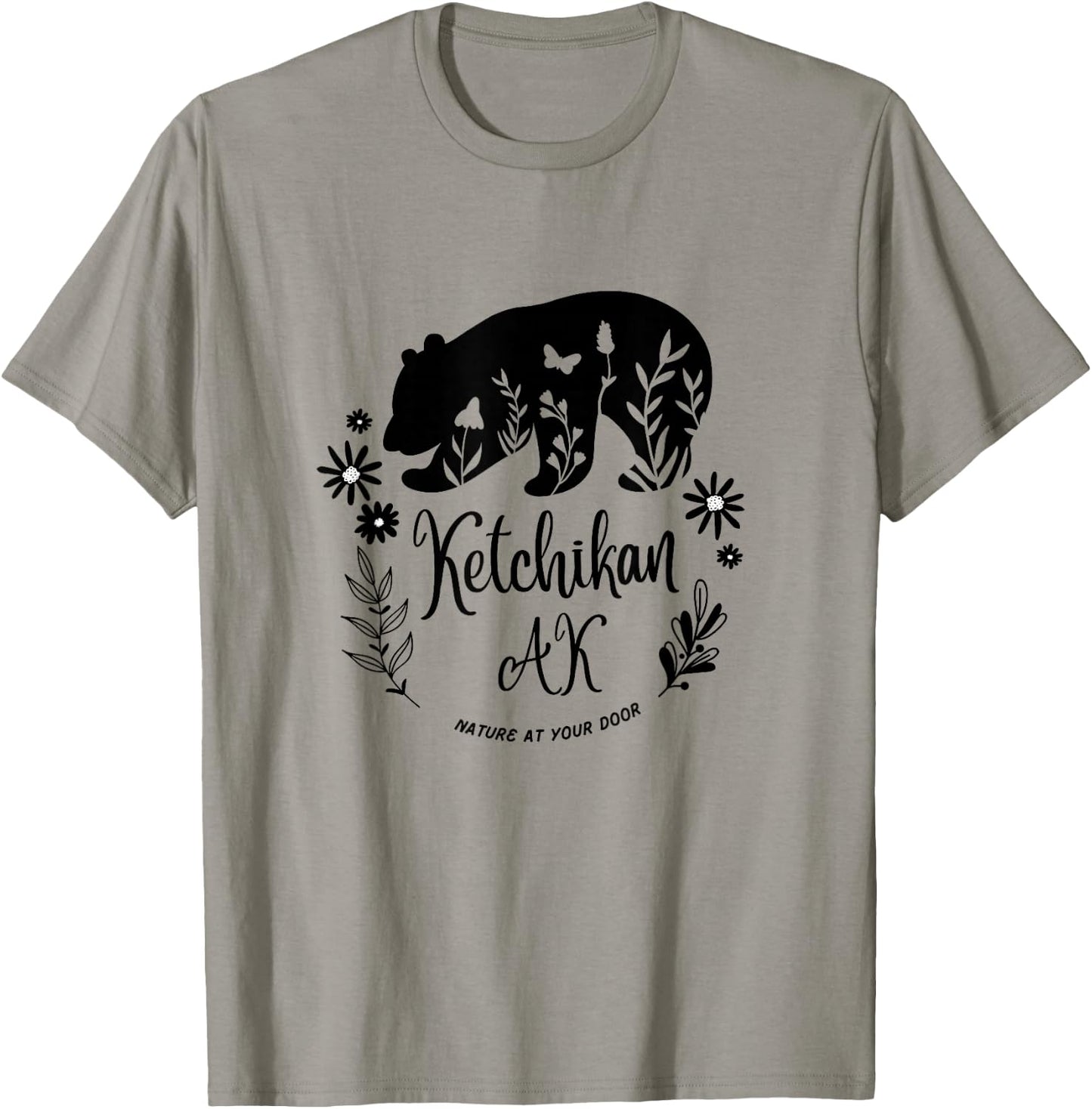 Ketchikan Alaska Bear & Flowers Nature At Your Door Design T-Shirt - T-Shirt | Sand