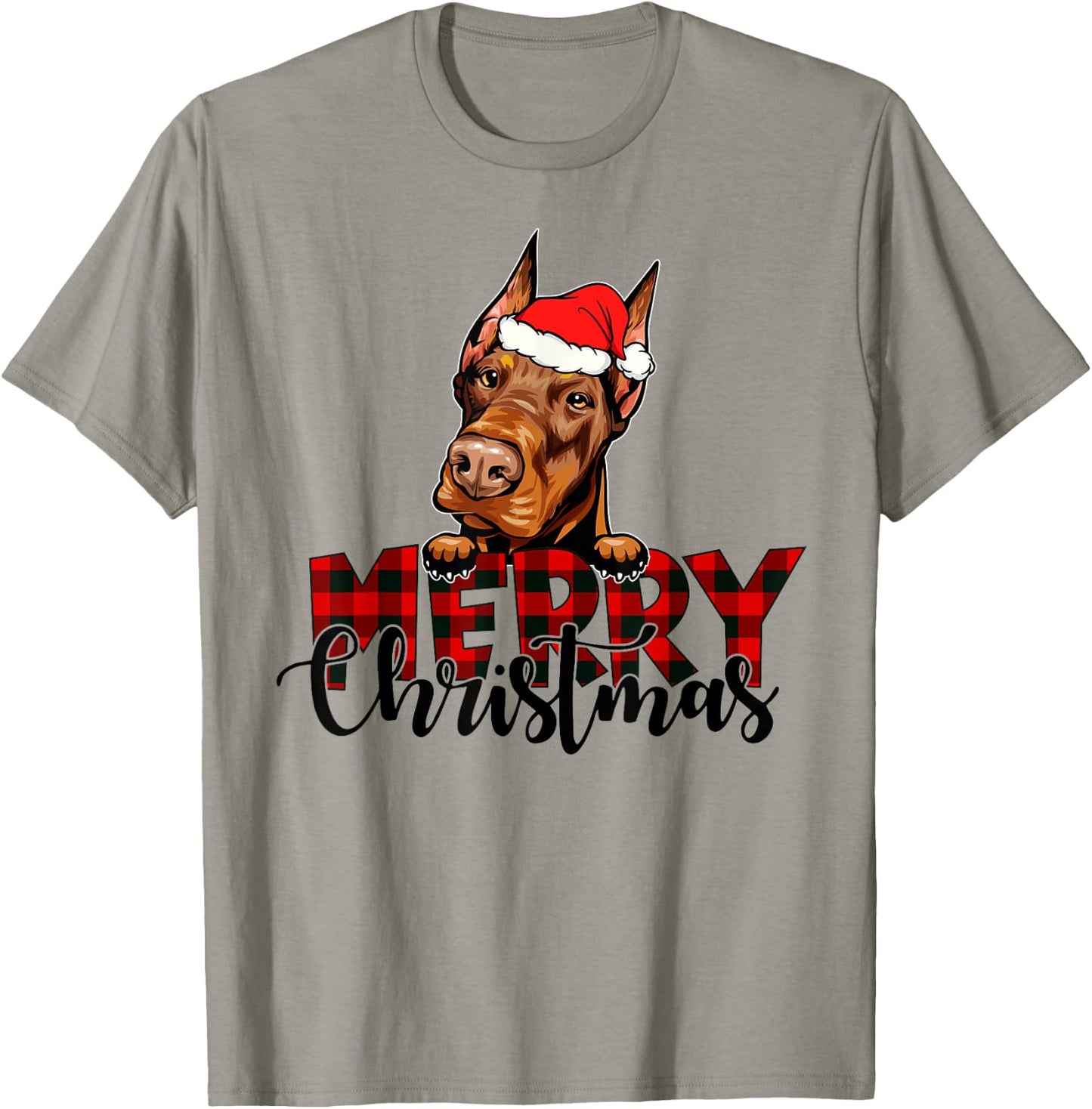 Merry Christmas Doberman Dog Christmas Red Plaid Santa Hat T-Shirt - T-Shirt | Sand