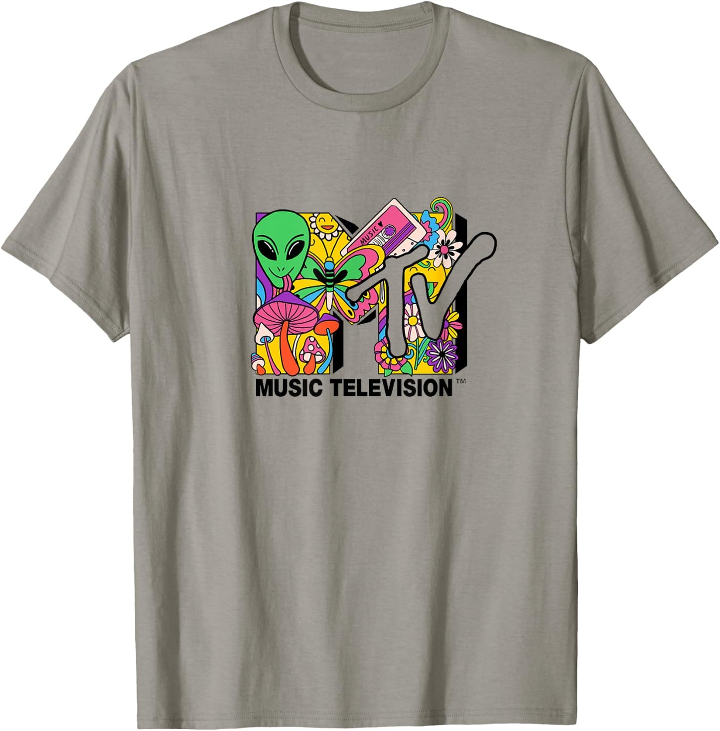 Mademark x MTV - The official MTV Logo with mushrooms aliens and flowers T-Shirt - T-Shirt | Sand