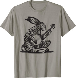Bunny Rabbit Playing Banjo Tribal Art Music Festival Zen T-Shirt - T-Shirt | Sand