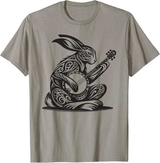 Bunny Rabbit Playing Banjo Tribal Art Music Festival Zen T-Shirt - T-Shirt | Sand