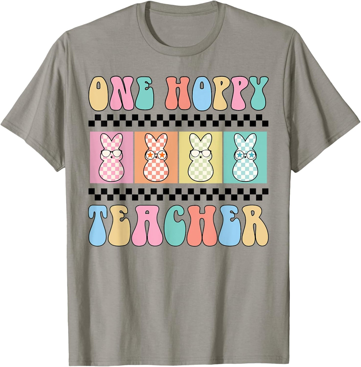 One Hoppy Teacher Bunny Easter Day Groovy Retro Boy Girl T-Shirt - T-Shirt | Sand