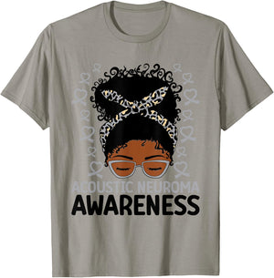 Acoustic Neuroma Awareness Women Messy Bun Gray Ribbon T-Shirt - T-Shirt | Sand