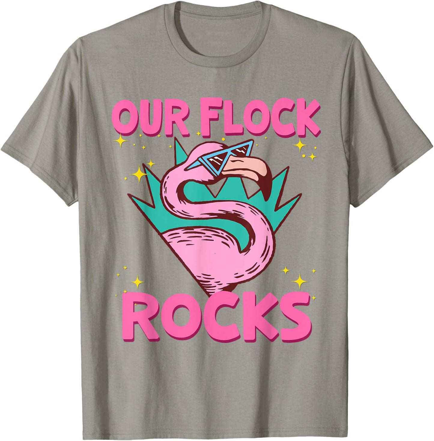 Our Flock Rocks Flamingo Matching Family Vacation Group T-Shirt - T-Shirt | Sand