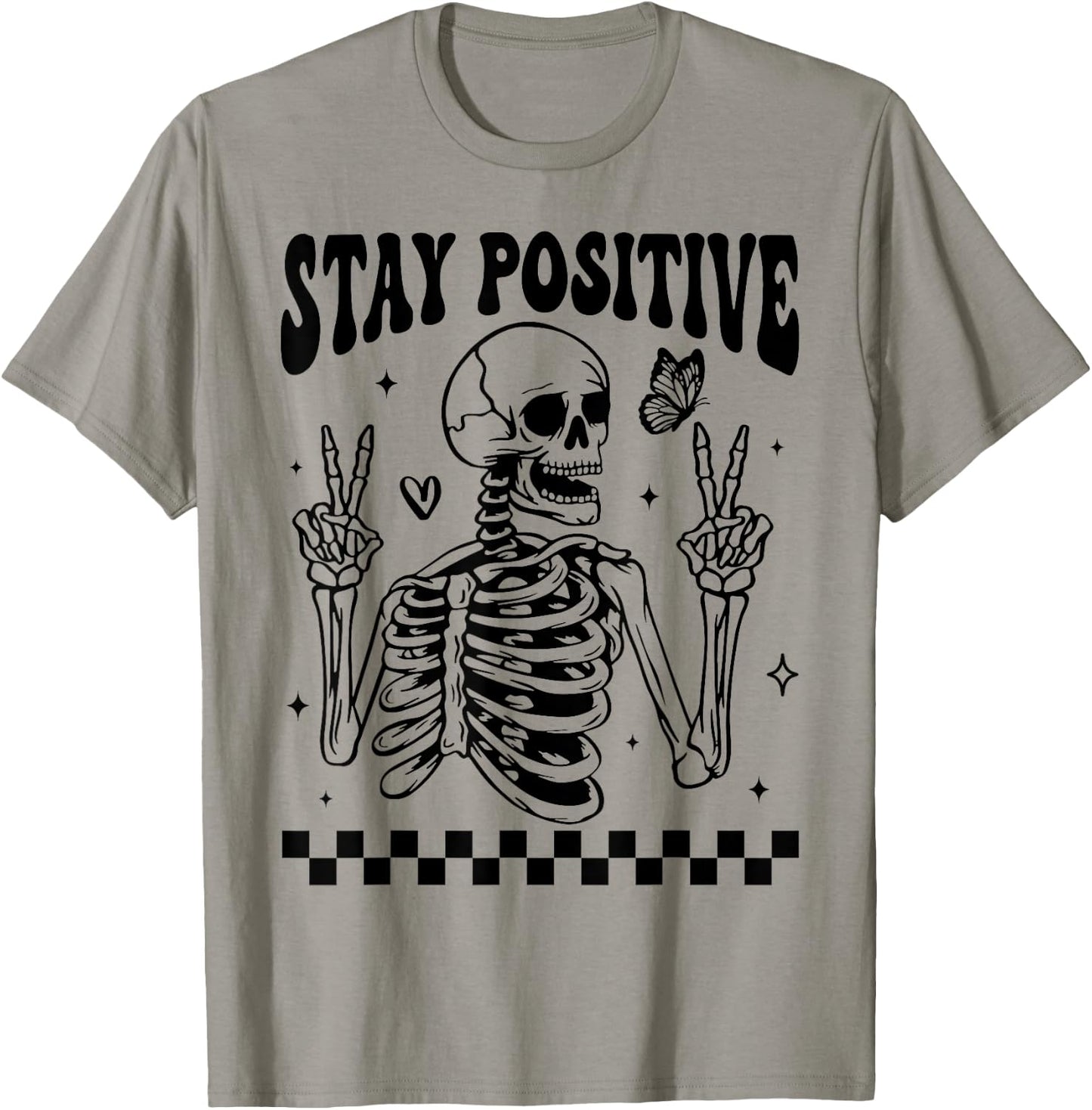 Stay Positive Skeleton Peace Hand Halloween Skull Motivation T-Shirt - T-Shirt | Sand