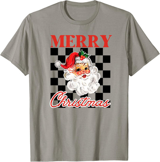 Retro Merry Christmas Checkered Vintage Santa T-Shirt - T-Shirt | Sand