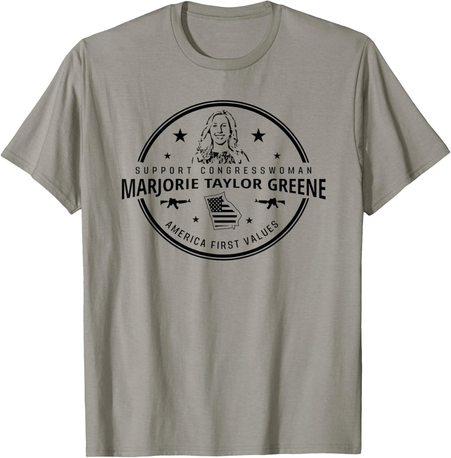 Support Marjorie Taylor Greene MTG America First Values T-Shirt - T-Shirt | Sand