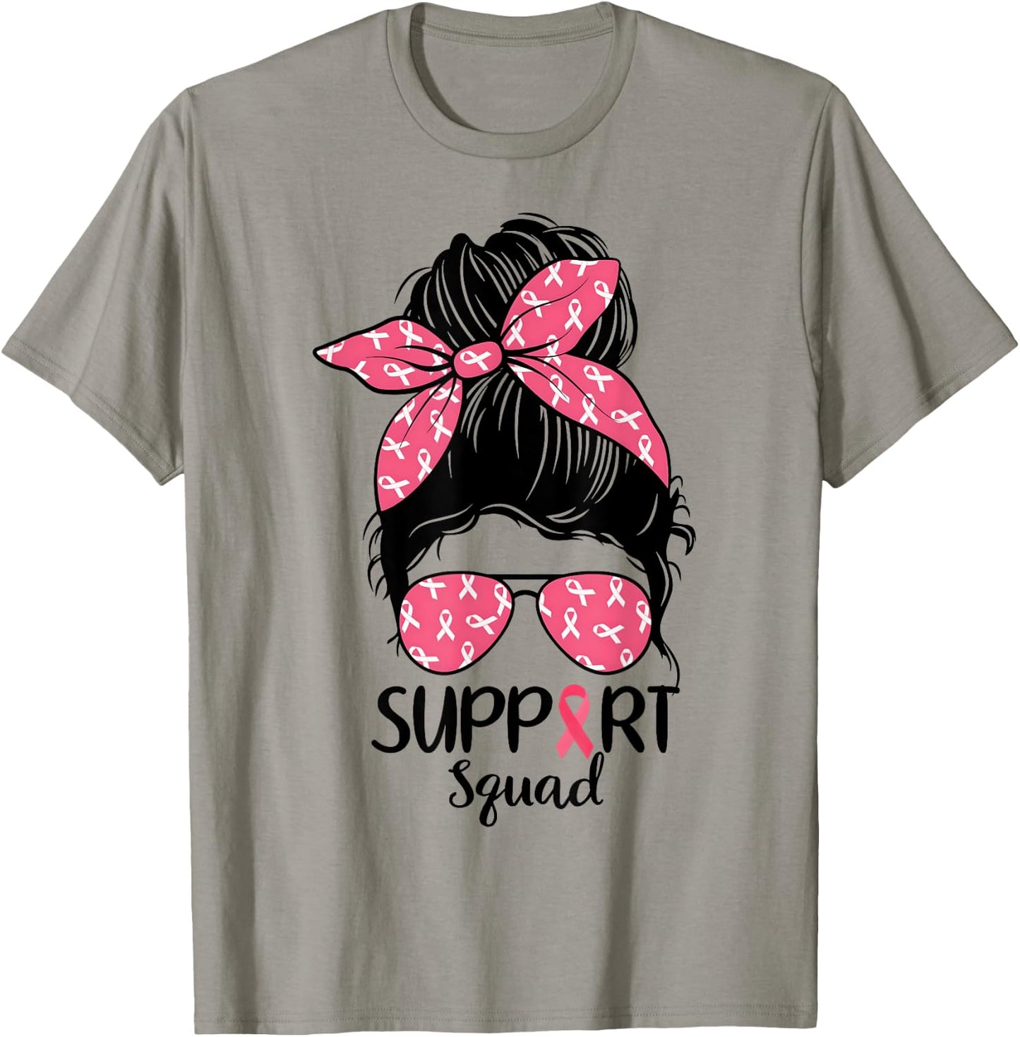 Support Squad Messy Bun Pink Warrior Breast Cancer Awareness T-Shirt - T-Shirt | Sand