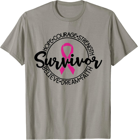 Cancer Awareness Survivor Pink Ribbon Breast Cancer Support T-Shirt - T-Shirt | Sand