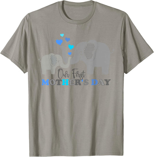 Our First Mother's Day Funny Elephant Son Kids Women Mom Boy T-Shirt - T-Shirt | Sand
