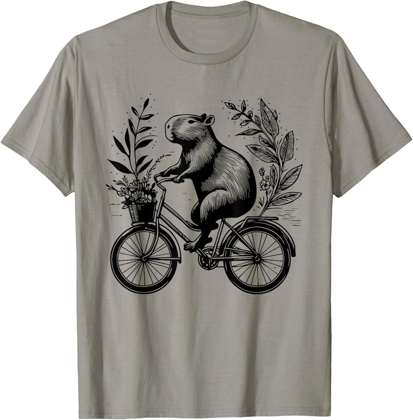 Capybara Riding Bicycle Floral Aesthetic Redent Capybara T-Shirt - T-Shirt | Sand