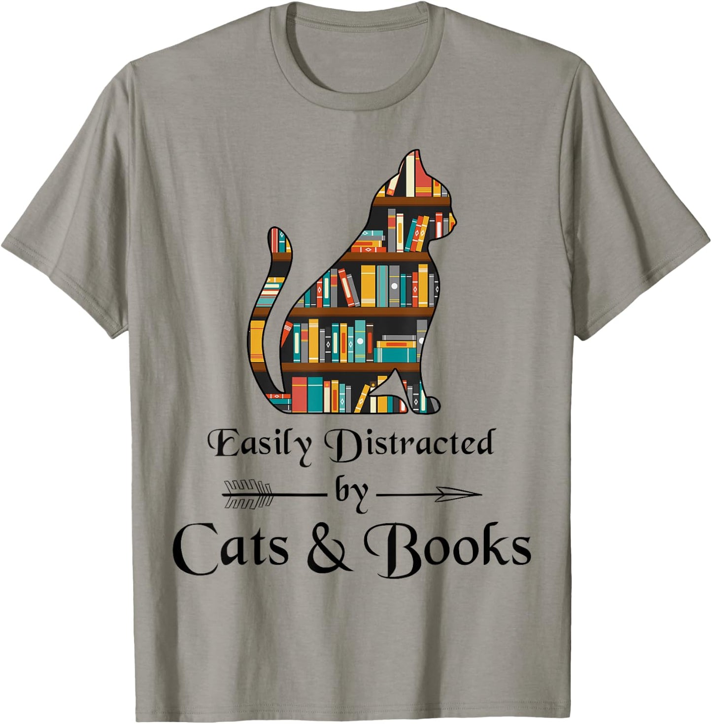 Easily Distracted By Cats And Books Cat Book Lover Cute Cat T-Shirt - T-Shirt | Sand