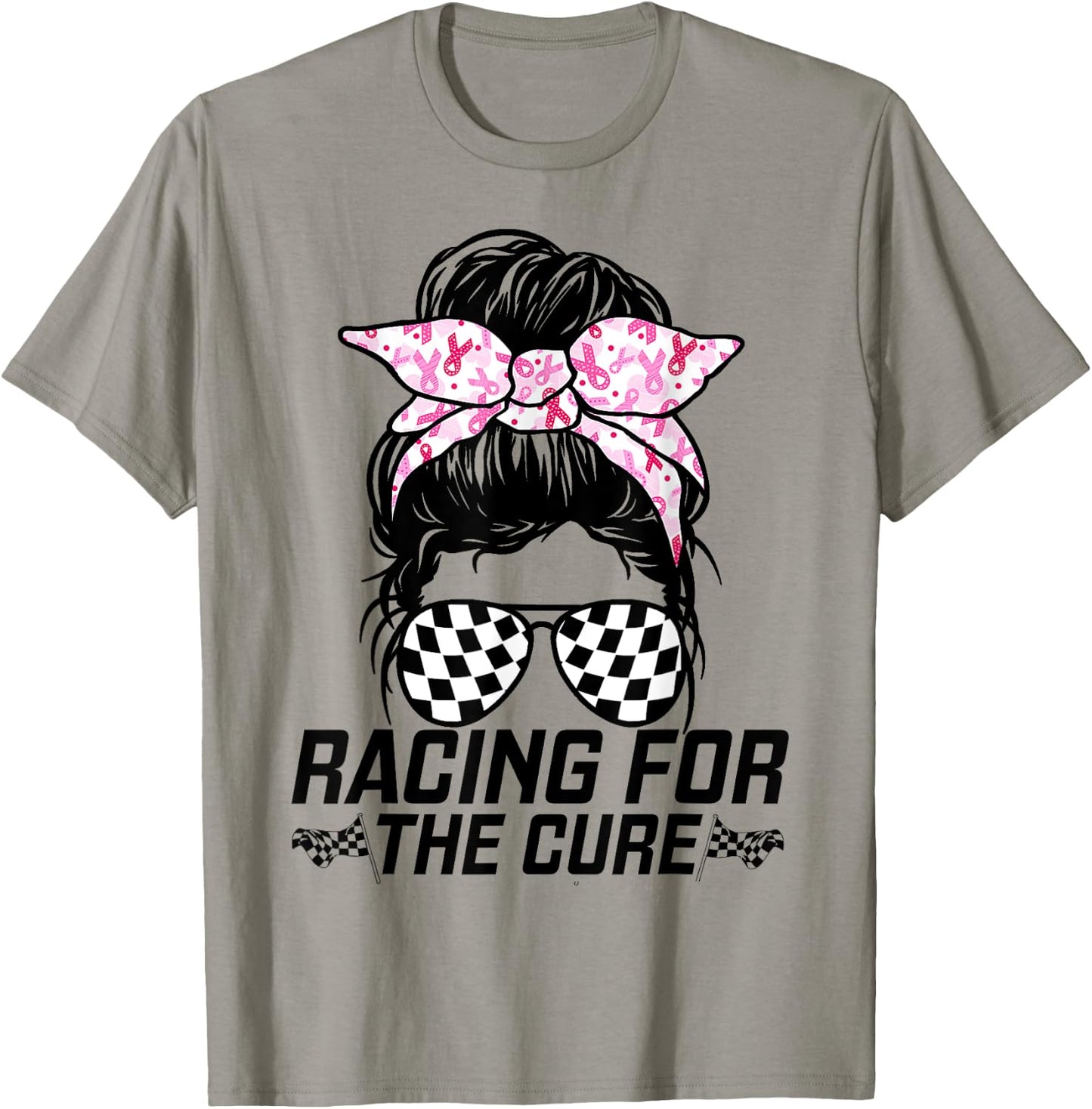 Racing For A Cure Race Mom Grandma Messy Bun Breast Cancer T-Shirt - T-Shirt | Sand