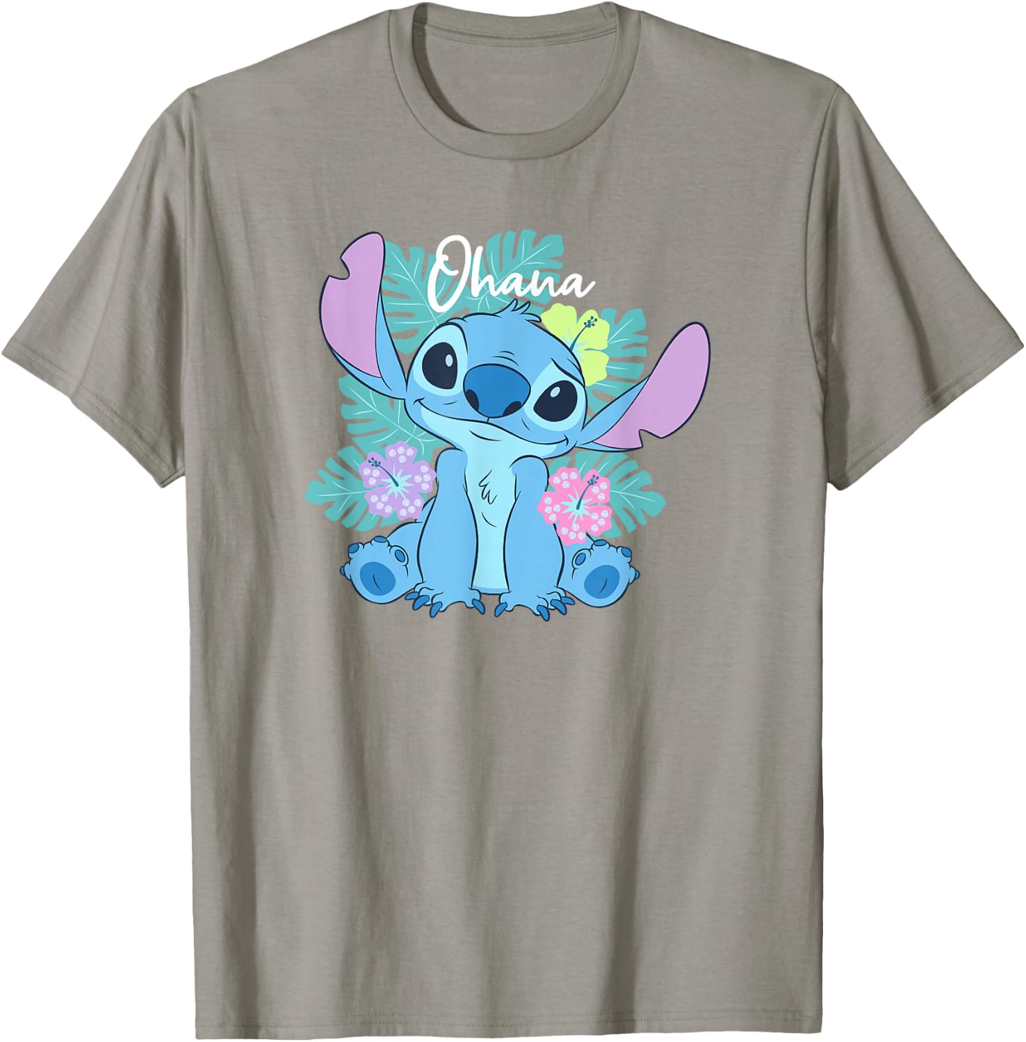 Disney Lilo & Stitch Ohana Adorable Pose Floral Logo T-Shirt - T-Shirt | Sand