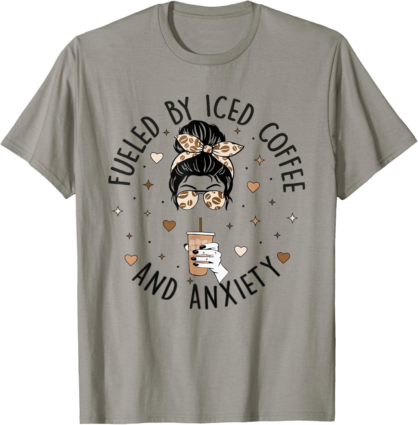 Fueled By Iced Coffee and Anxiety Funny Coffee Lover T-Shirt - T-Shirt | Sand