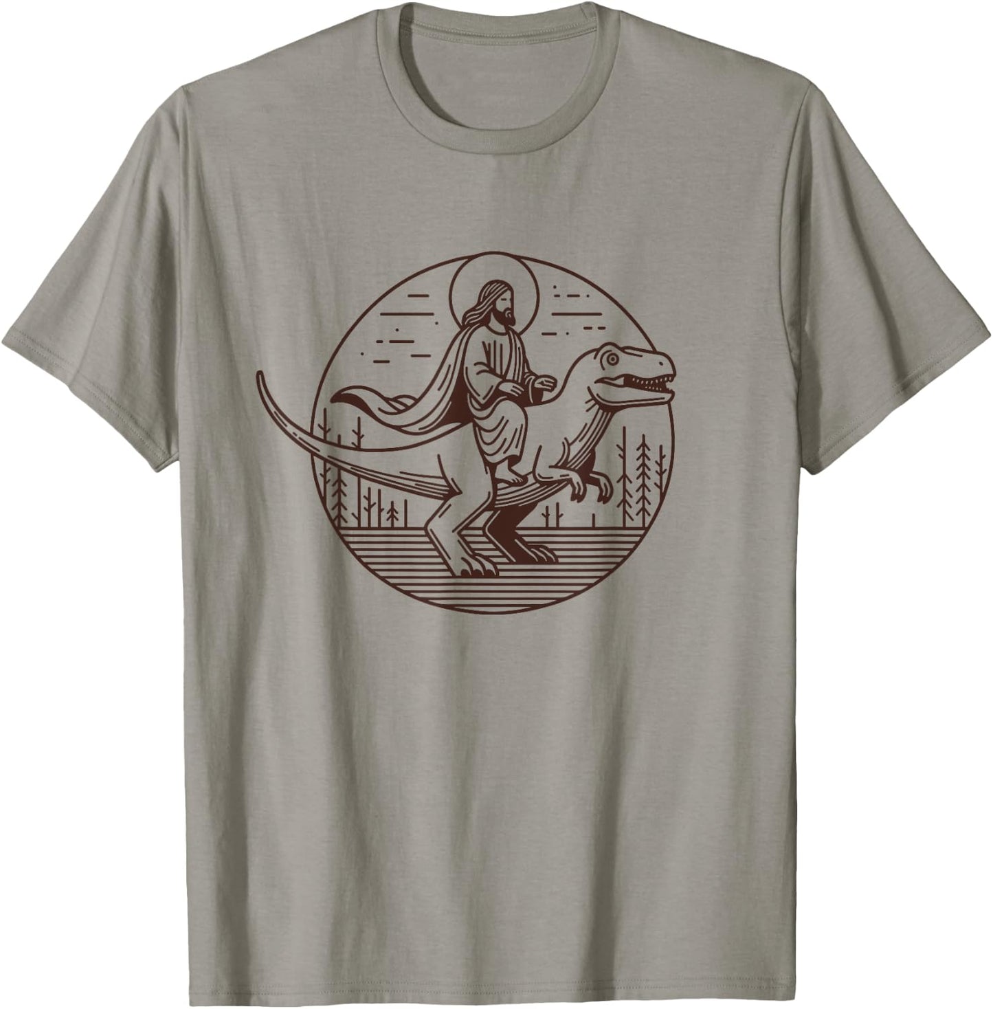 Funny Jesus Riding T-Rex Dinosaur Meme Parody for Believers T-Shirt - T-Shirt | Sand