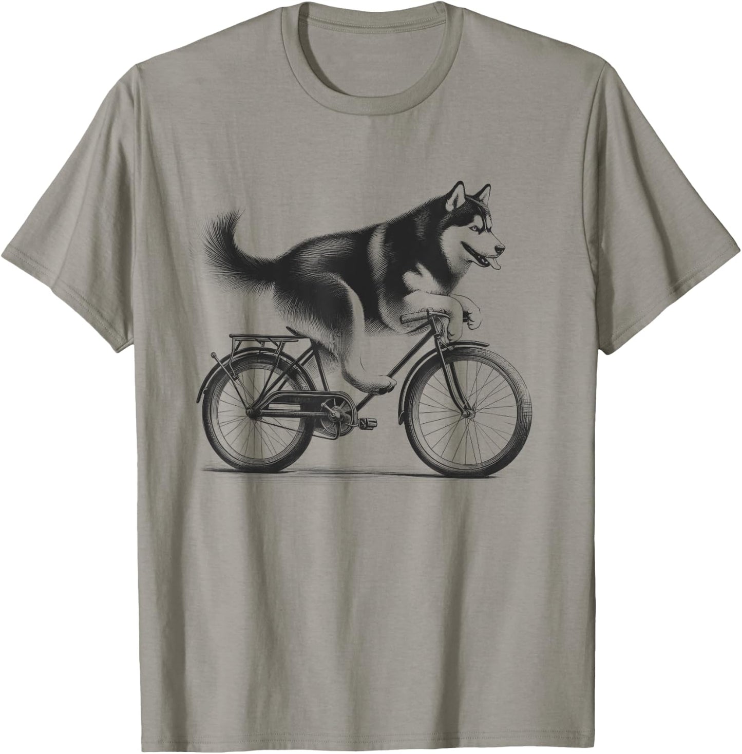 Siberian Husky Dog Riding a Bike Bicycle Biker Cycling T-Shirt - T-Shirt | Sand