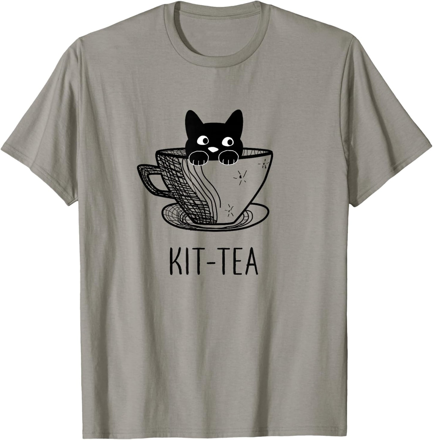Funny Black Cat Kit-Tea Graphic T-Shirt - T-Shirt | Sand